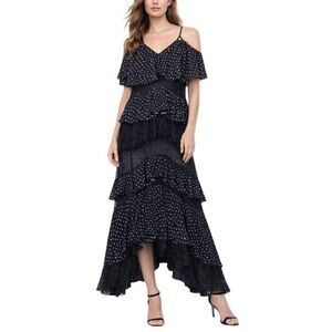 Ixiah Ruffled Tiered Maxi Dress Black Ditsy Floral Sheer Mesh Boho Luxury Resort